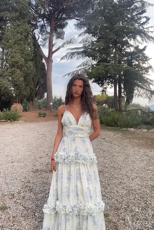 Romantic A-Line V-Neck Spaghetti Straps Tie Back Floral Tulle Prom Dress
