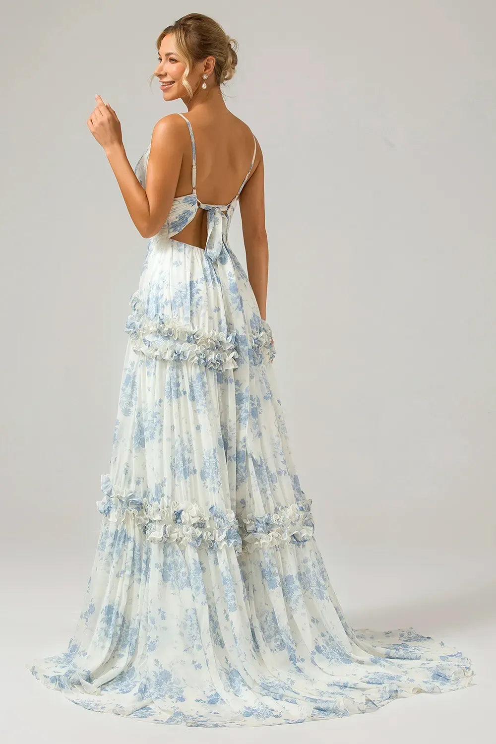 Romantic A-Line V-Neck Spaghetti Straps Tie Back Floral Tulle Prom Dress