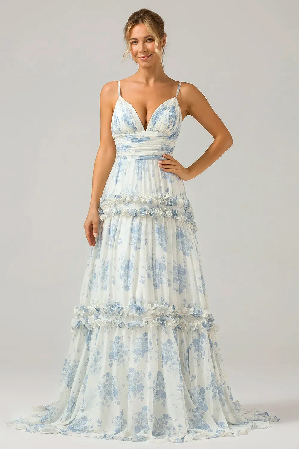 Romantic A-Line V-Neck Spaghetti Straps Tie Back Floral Tulle Prom Dress