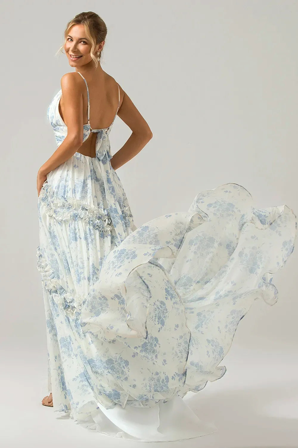 Romantic A-Line V-Neck Spaghetti Straps Tie Back Floral Tulle Prom Dress