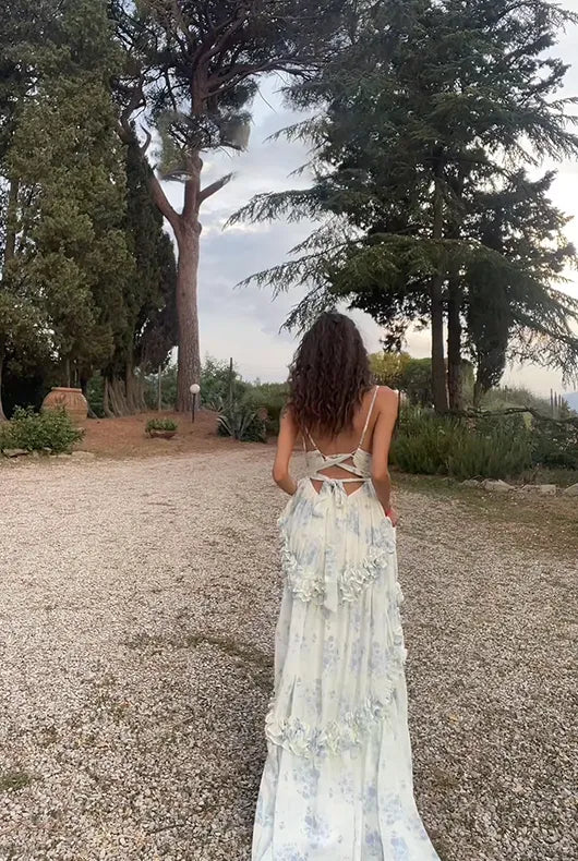 Romantic A-Line V-Neck Spaghetti Straps Tie Back Floral Tulle Prom Dress
