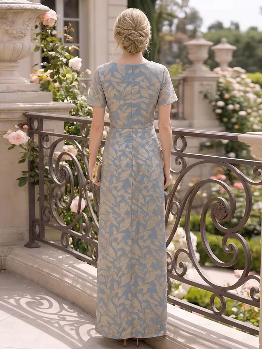 Elegant Sheath V Neck Short Sleeve Closed Back Slit Mother of the Bride Dress