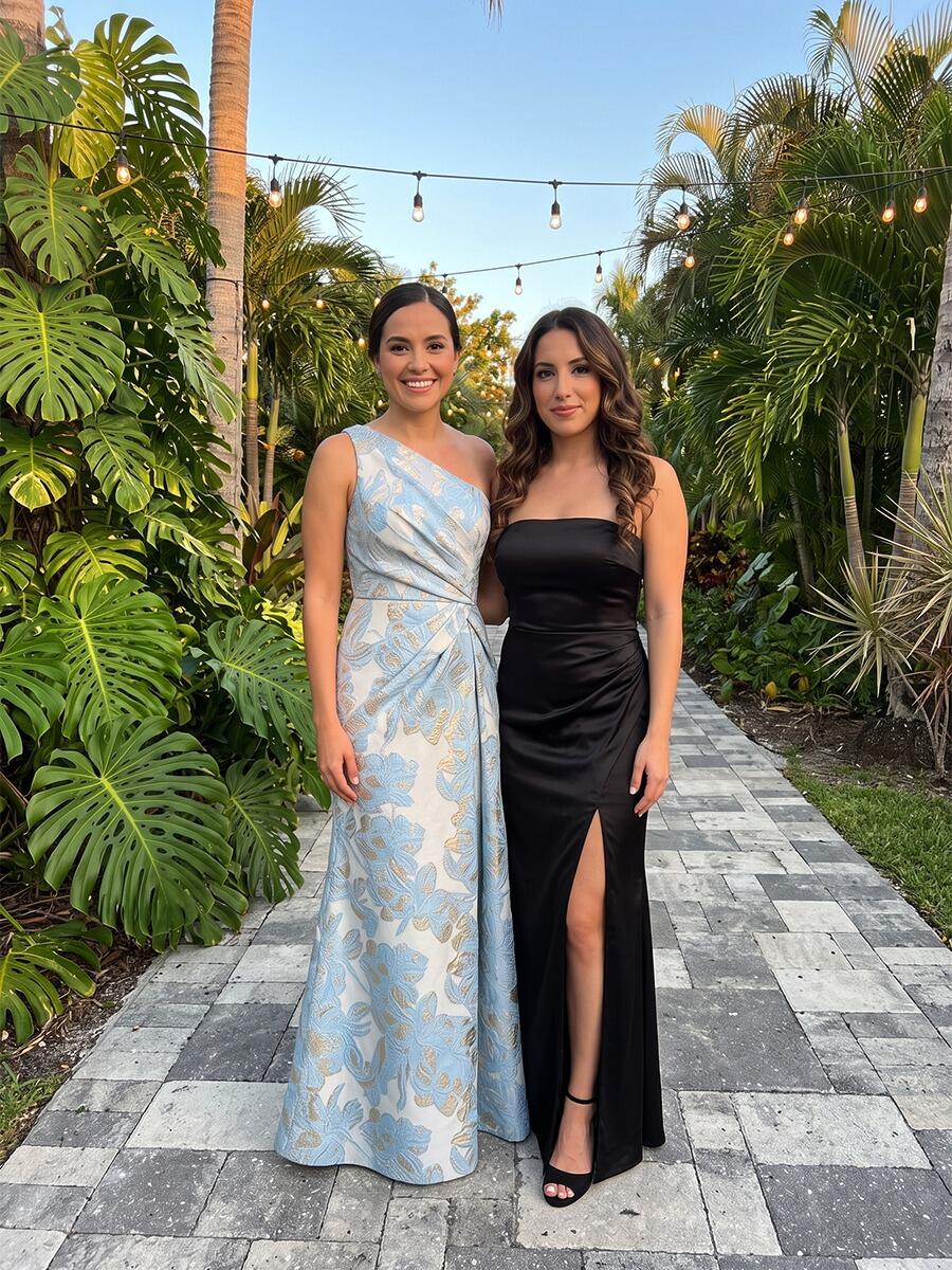 Loverlm blue gold floral jacquard Wedding Guest dress with one-shoulder neckline draped waist and floor-length skirt