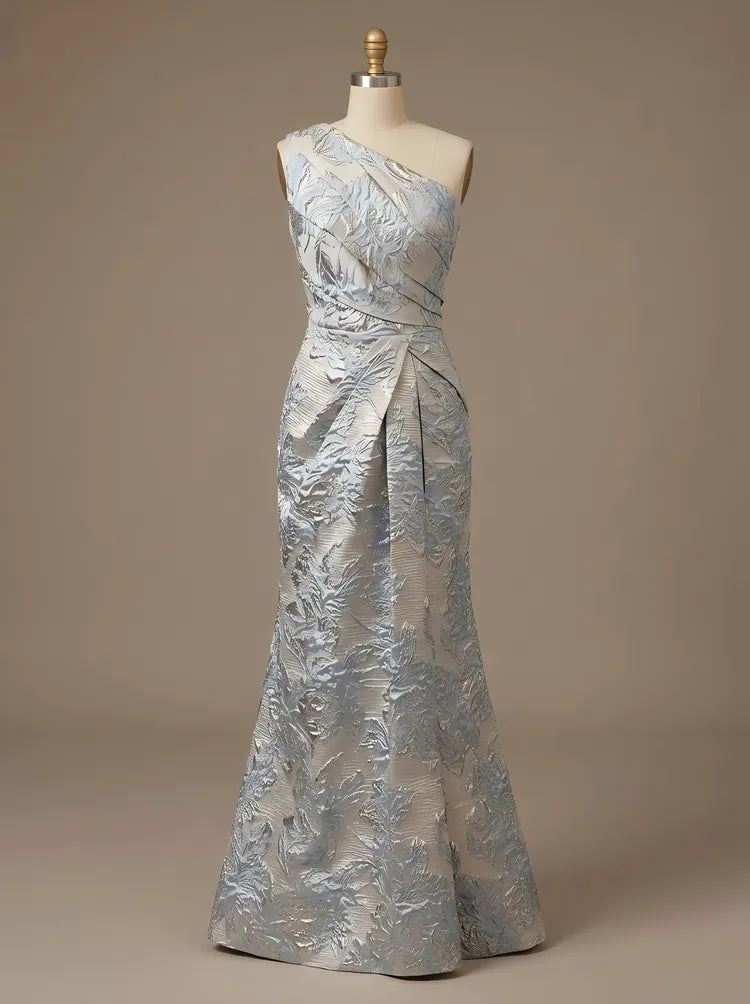 Elegant Column One-Shoulder Sleeveless Jacquard Floor-Length Mother of the Bride Dress