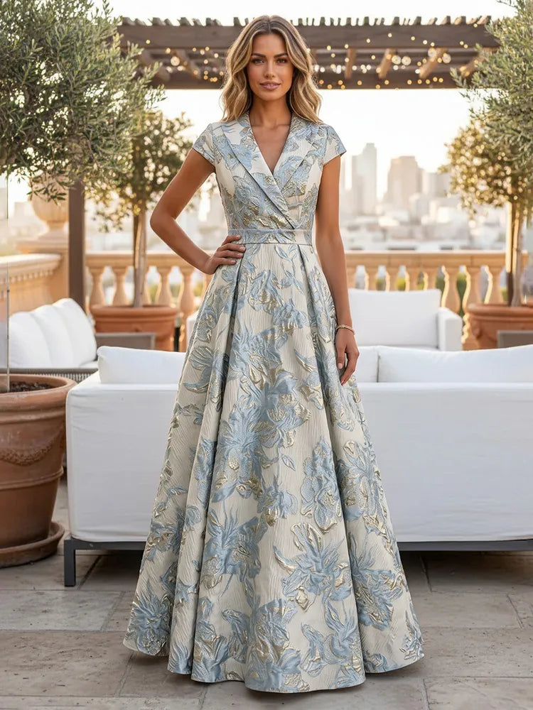 Loverlm blue gold floral jacquard Wedding Guest dress with V-neck cap sleeves and floor-length A-line skirt