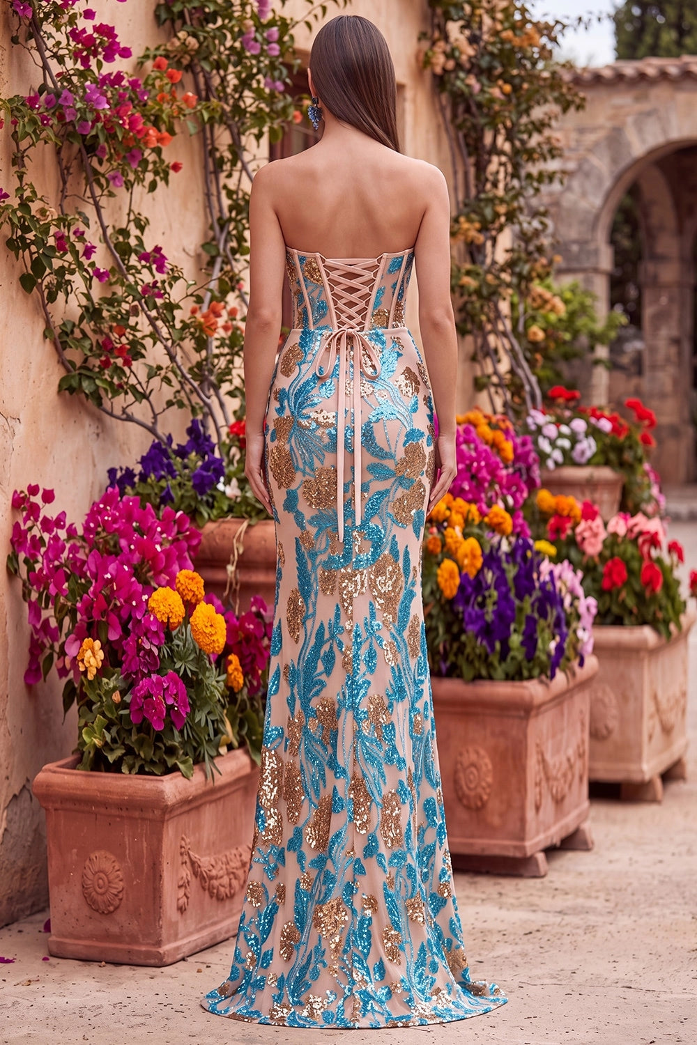 Glamorous Mermaid Sweetheart Strapless Lace Up Back High Slit Floor Length Prom Dress