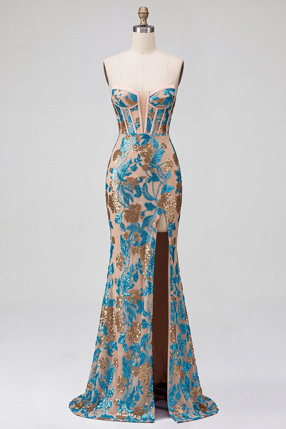 Glamorous Mermaid Sweetheart Strapless Lace Up Back High Slit Floor Length Prom Dress