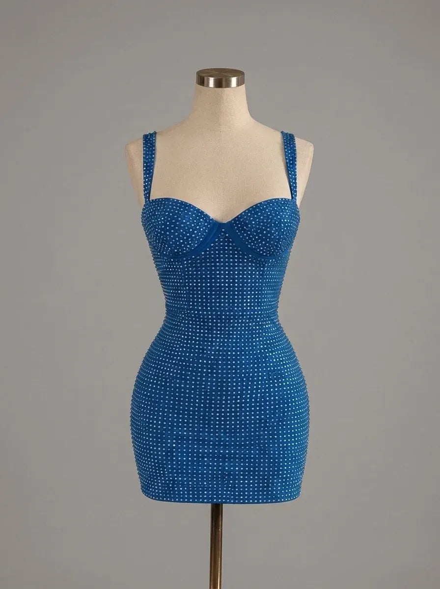 Sparkling Bodycon Sweetheart Spaghetti-Strap Zip-Back Rhinestone Mini Homecoming Dress