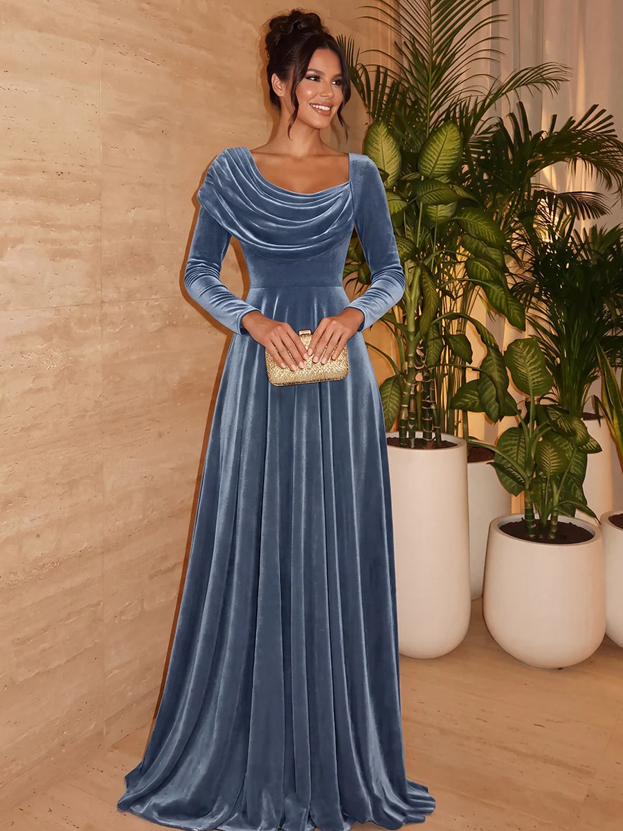 Blue velvet-look A-line evening dress with draped cowl neckline and long sleeves by Loverlm