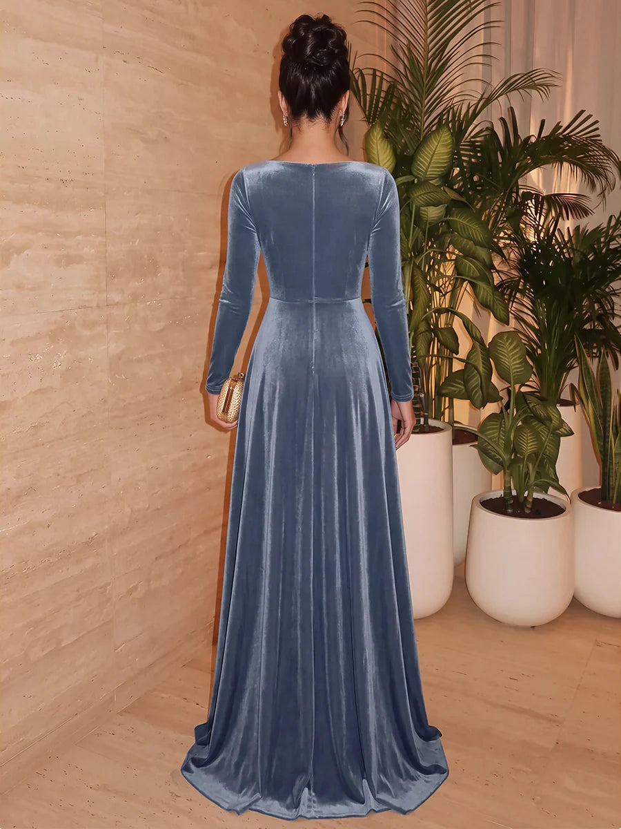 Elegant A-Line Cowl Neck Long Sleeve Velvet Floor-Length Evening Dress