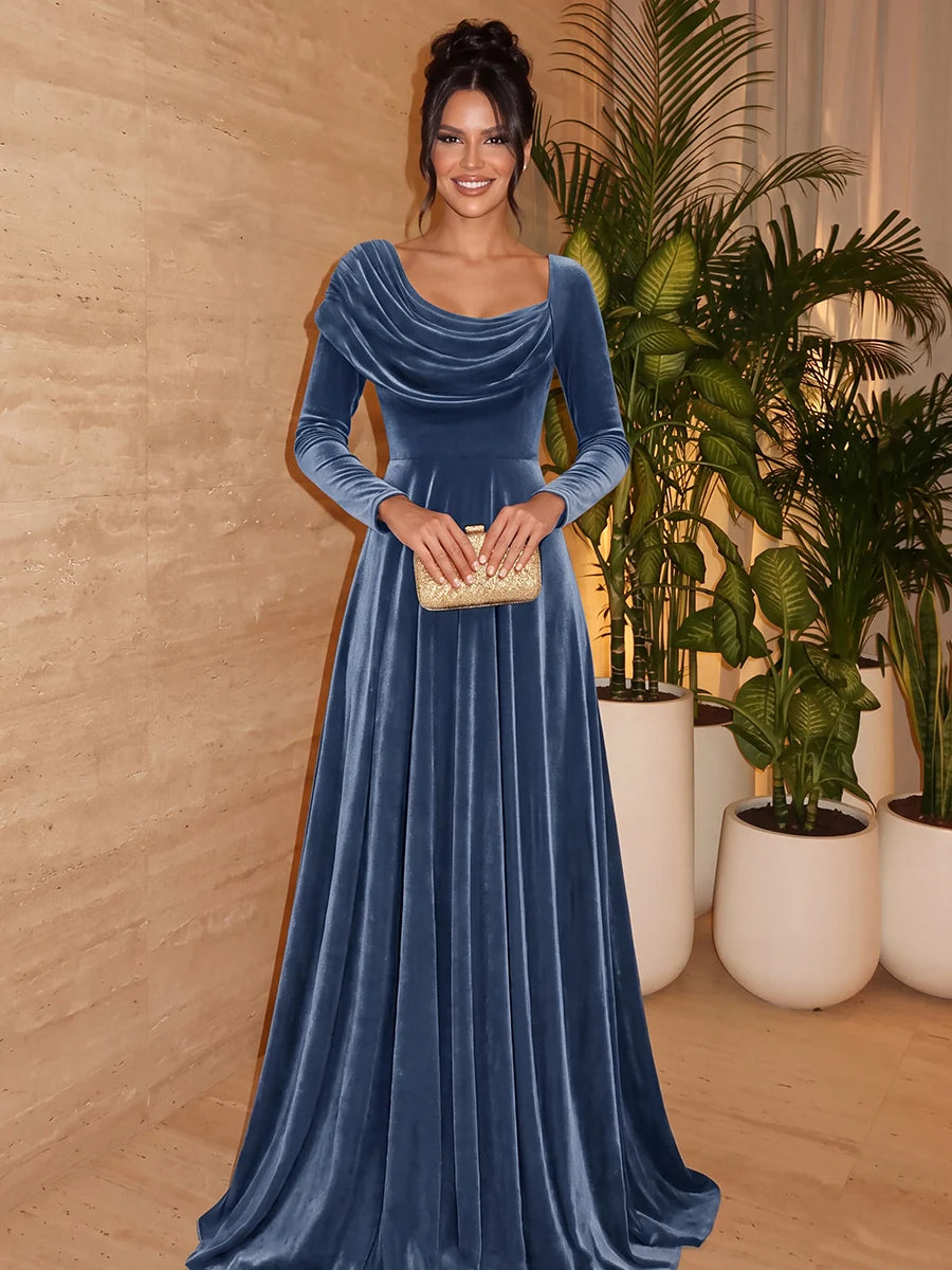 Elegant A-Line Cowl Neck Long Sleeve Velvet Floor-Length Evening Dress