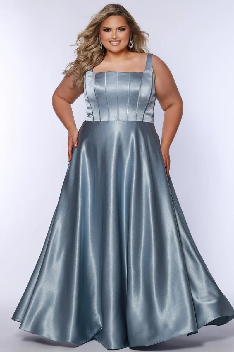 Elegant Plus Size A Line Square Neck Sleeveless Satin Floor Length Prom Dress