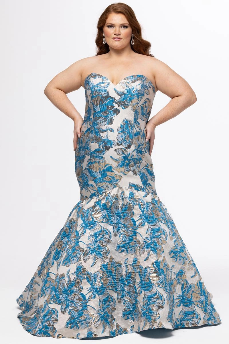 Plus size pink and gold floral jacquard mermaid prom dress with strapless sweetheart neckline, fitted bodice, and dramatic floor-length flared skirt