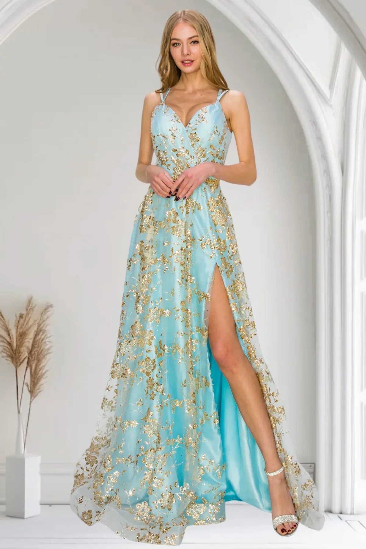 Elegant A-Line V-Neck Spaghetti Strap Lace-Up Back Floor-Length Prom Dress