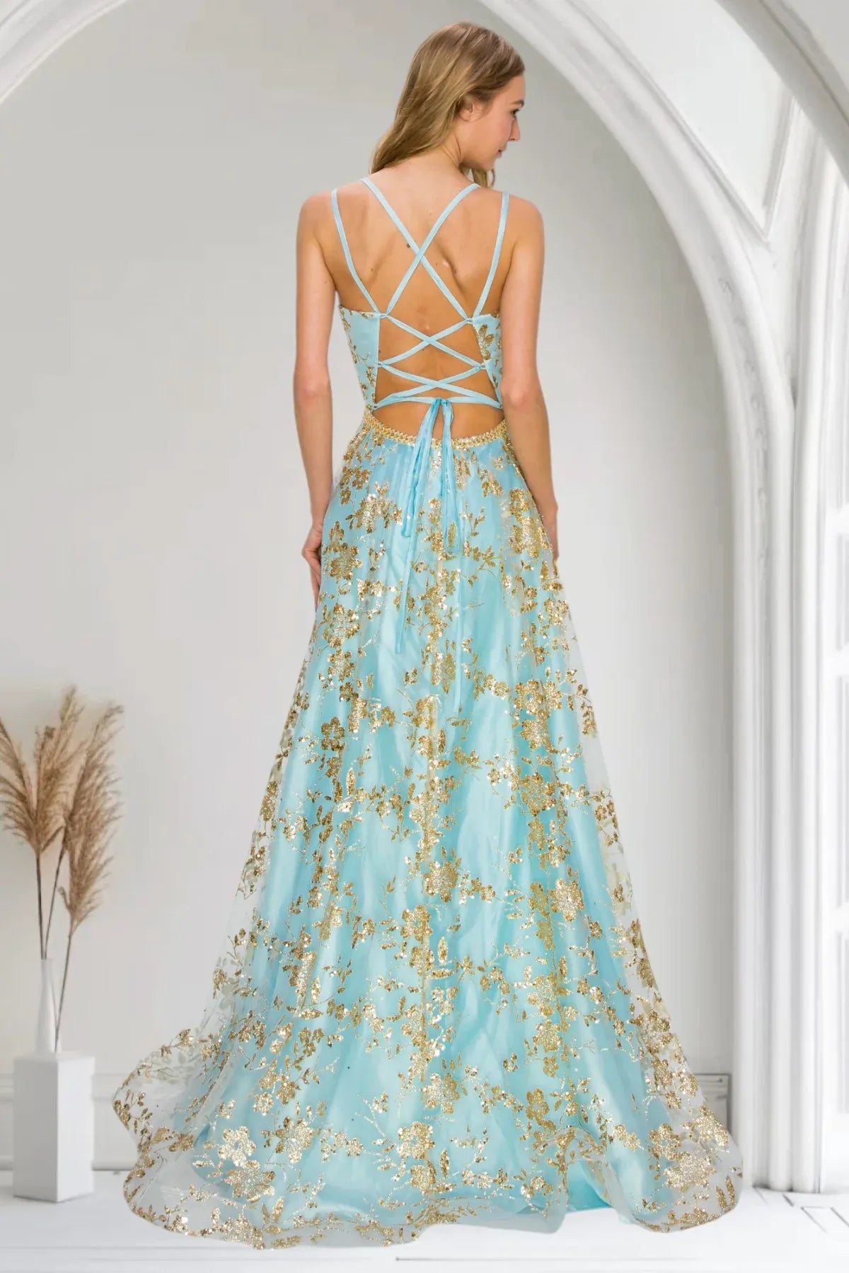 Elegant A-Line V-Neck Spaghetti Strap Lace-Up Back Floor-Length Prom Dress