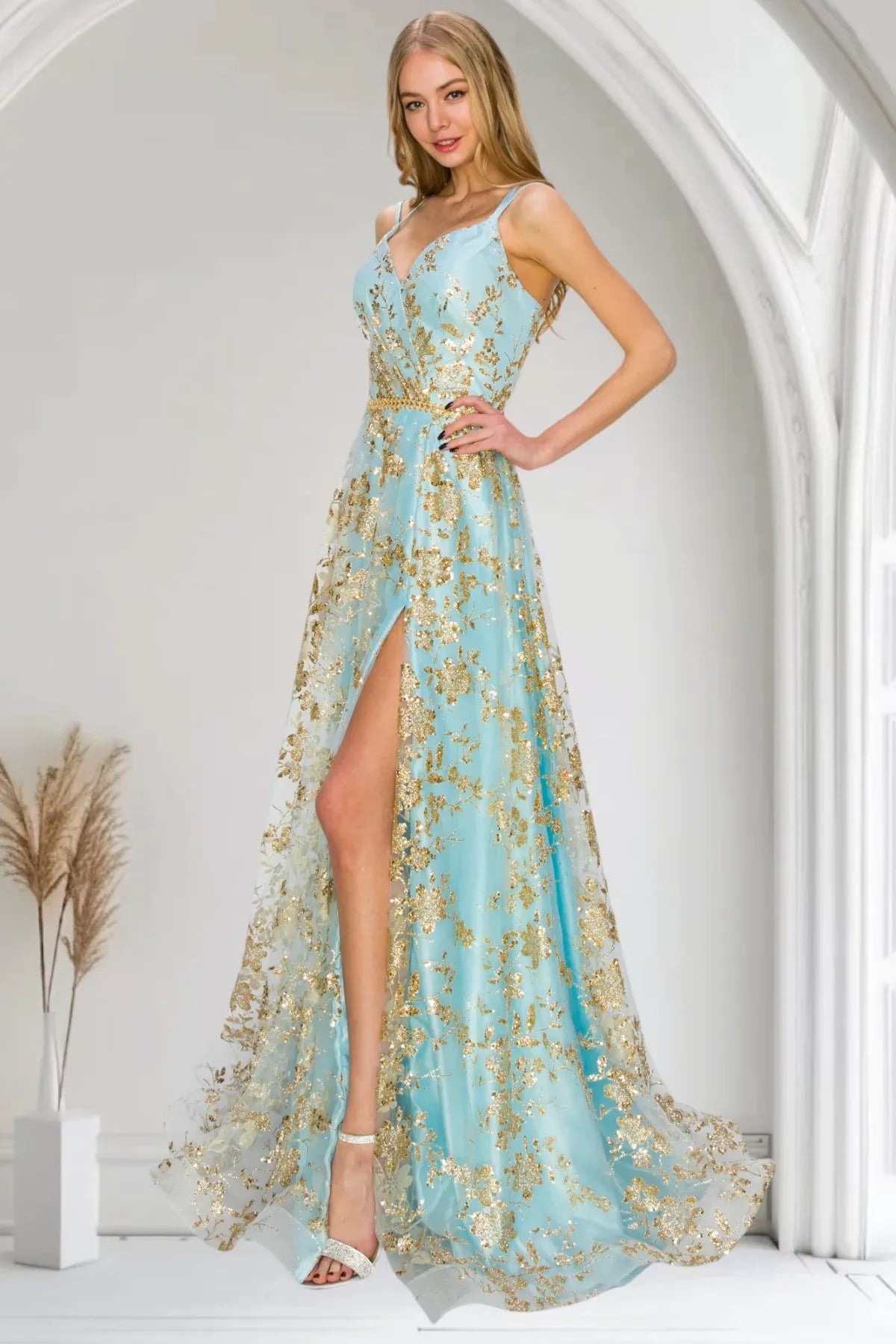 Elegant A-Line V-Neck Spaghetti Strap Lace-Up Back Floor-Length Prom Dress