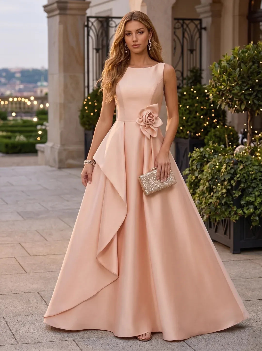 Loverlm blush champagne floral waist A-line floor length evening dress front view