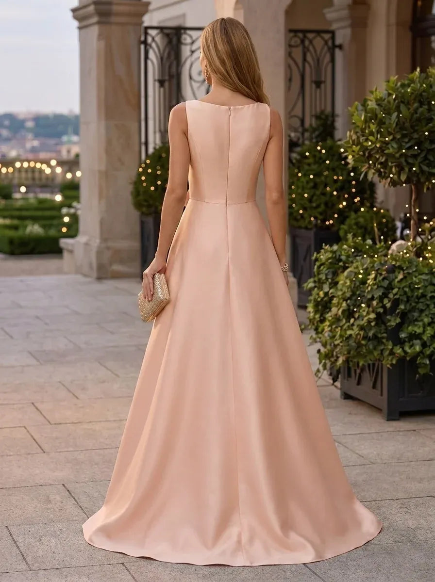 Elegant A-Line Round Neck Sleeveless Zipper Back Floor-Length Evening Dress
