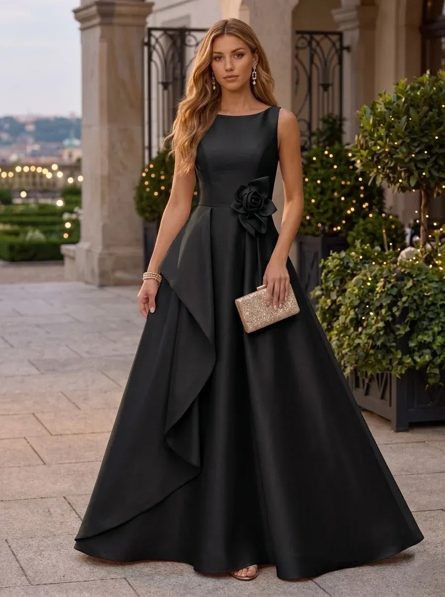 Elegant A-Line Round Neck Sleeveless Zipper Back Floor-Length Evening Dress