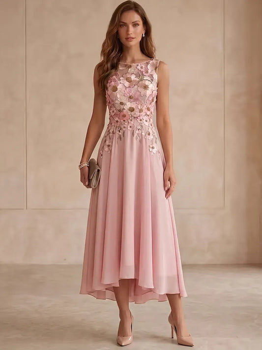 Loverlm blush pink floral applique A-line midi wedding guest dress