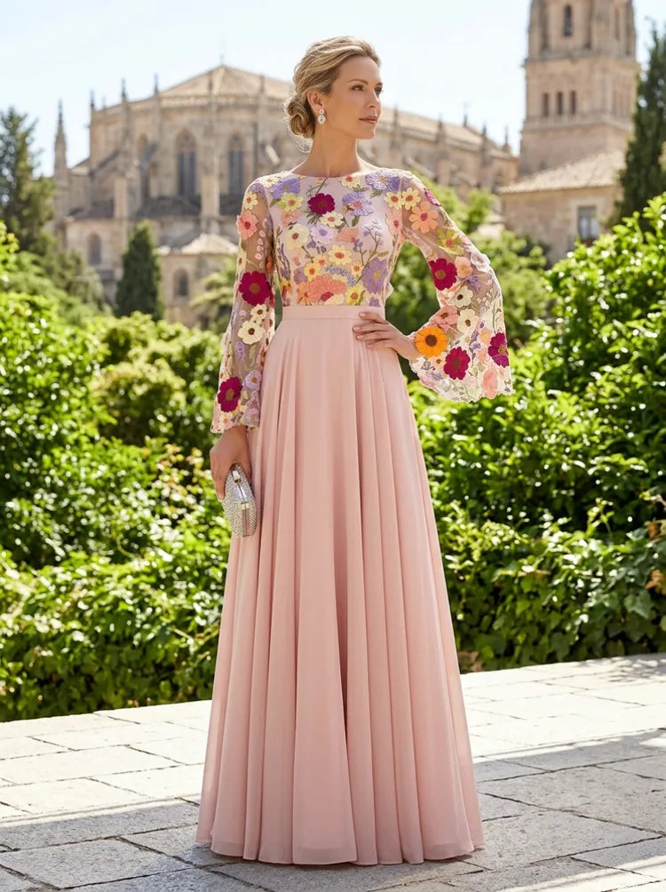 Loverlm blush Mother of the Bride dress with colorful floral lace bodice long sleeves and floor-length A-line skirt