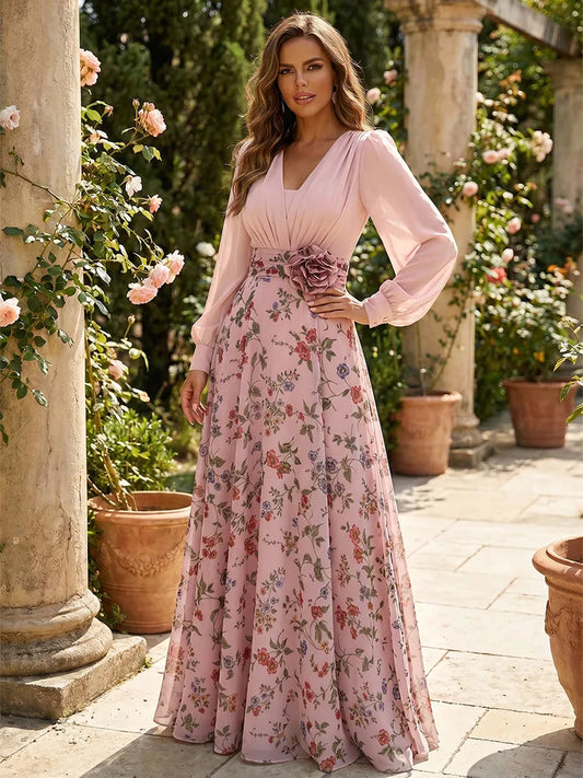 Loverlm blush pink Mother of the Bride dress with V-neck long sleeves floral waist detail and floor-length A-line skirt