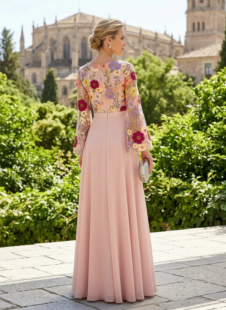 Romantic A-Line Round-Neck Long-Sleeve Lace Floor-Length Mother of the Bride Dress