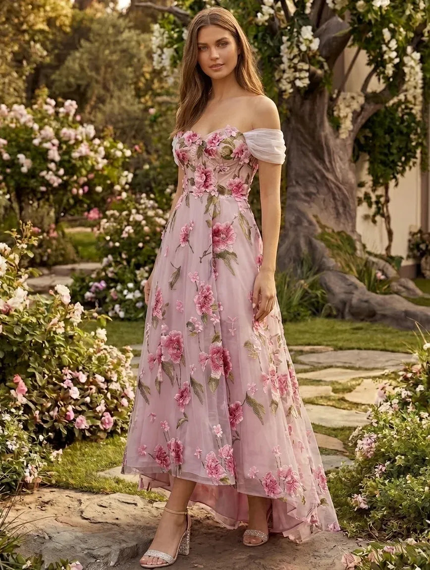 Loverlm blush pink off-shoulder floral A-line wedding guest dress