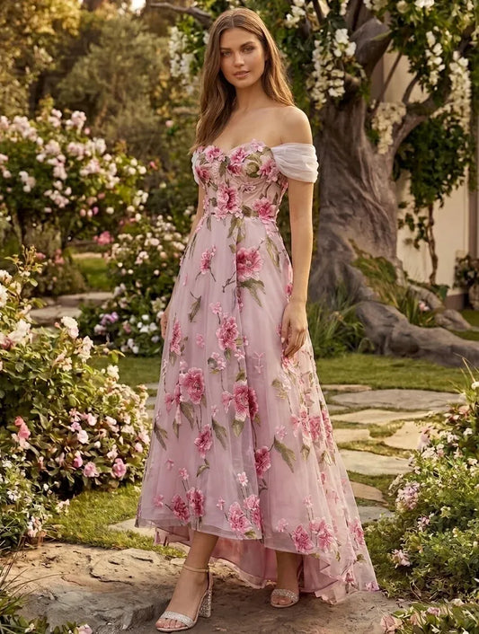 Loverlm blush pink off-shoulder floral A-line wedding guest dress
