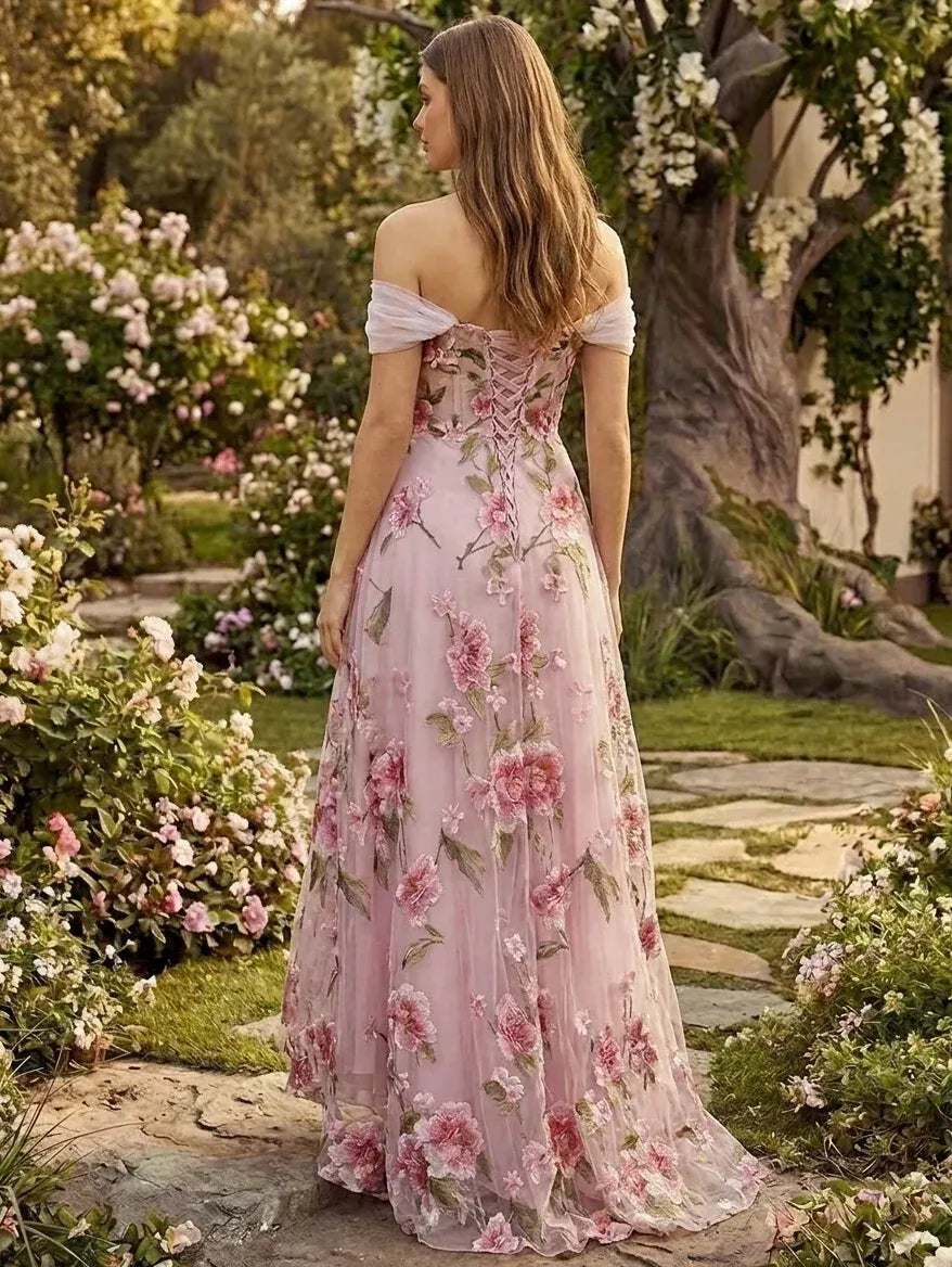 Romantic A-Line Sweetheart Off-Shoulder Lace-Up-Back High-Low Floral Wedding Guest Dress