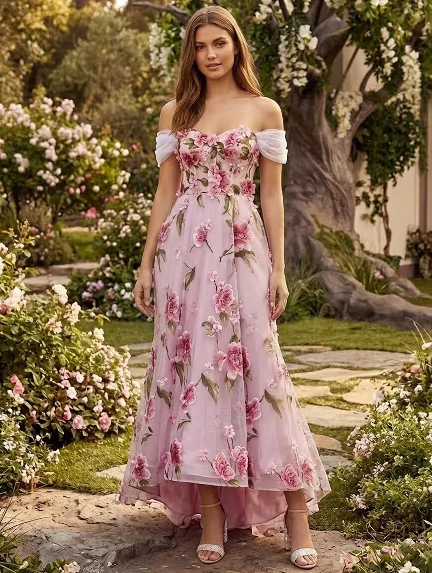 Romantic A-Line Sweetheart Off-Shoulder Lace-Up-Back High-Low Floral Wedding Guest Dress