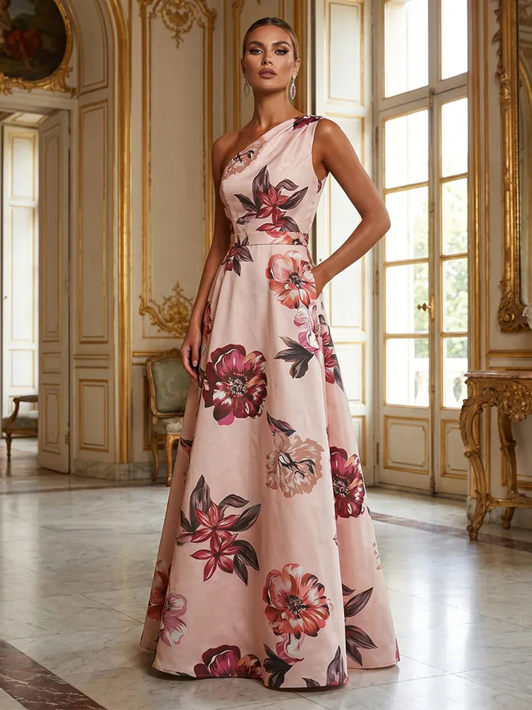 Loverlm blush floral Wedding Guest dress with one-shoulder neckline defined waist and floor-length A-line skirt