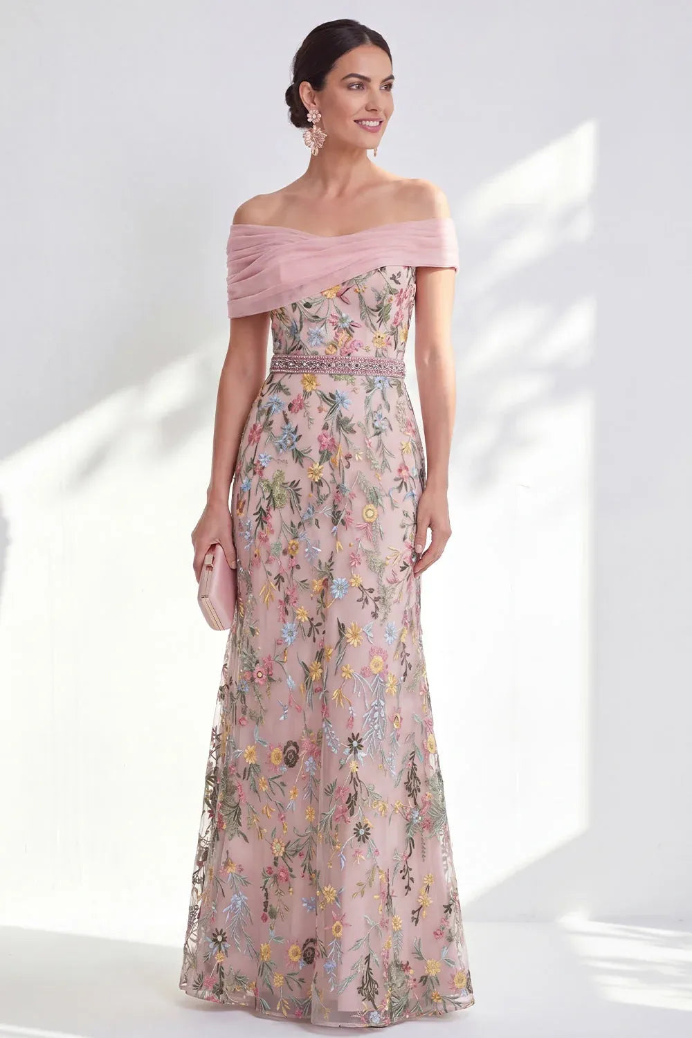 Loverlm blush floral embroidered tulle dress with a pleated off-shoulder neckline, beaded waistband and floor-length A-line skirt.