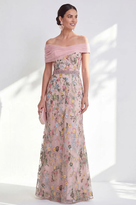 Loverlm blush floral embroidered tulle dress with a pleated off-shoulder neckline, beaded waistband and floor-length A-line skirt.