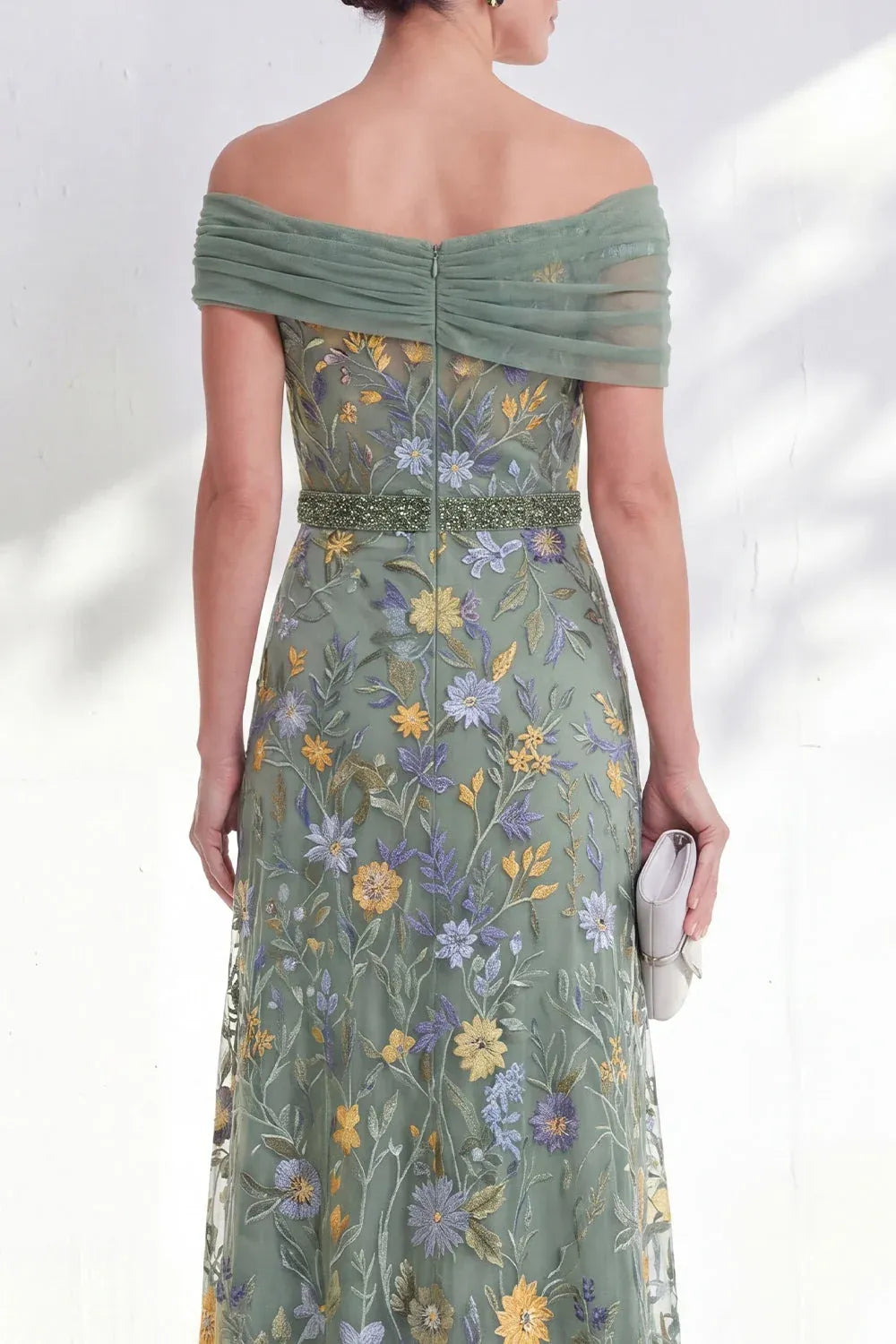 Romantic Tulle A-Line Off-Shoulder Short-Sleeve Zipper-Back Floor-Length Mother of the Bride Dress