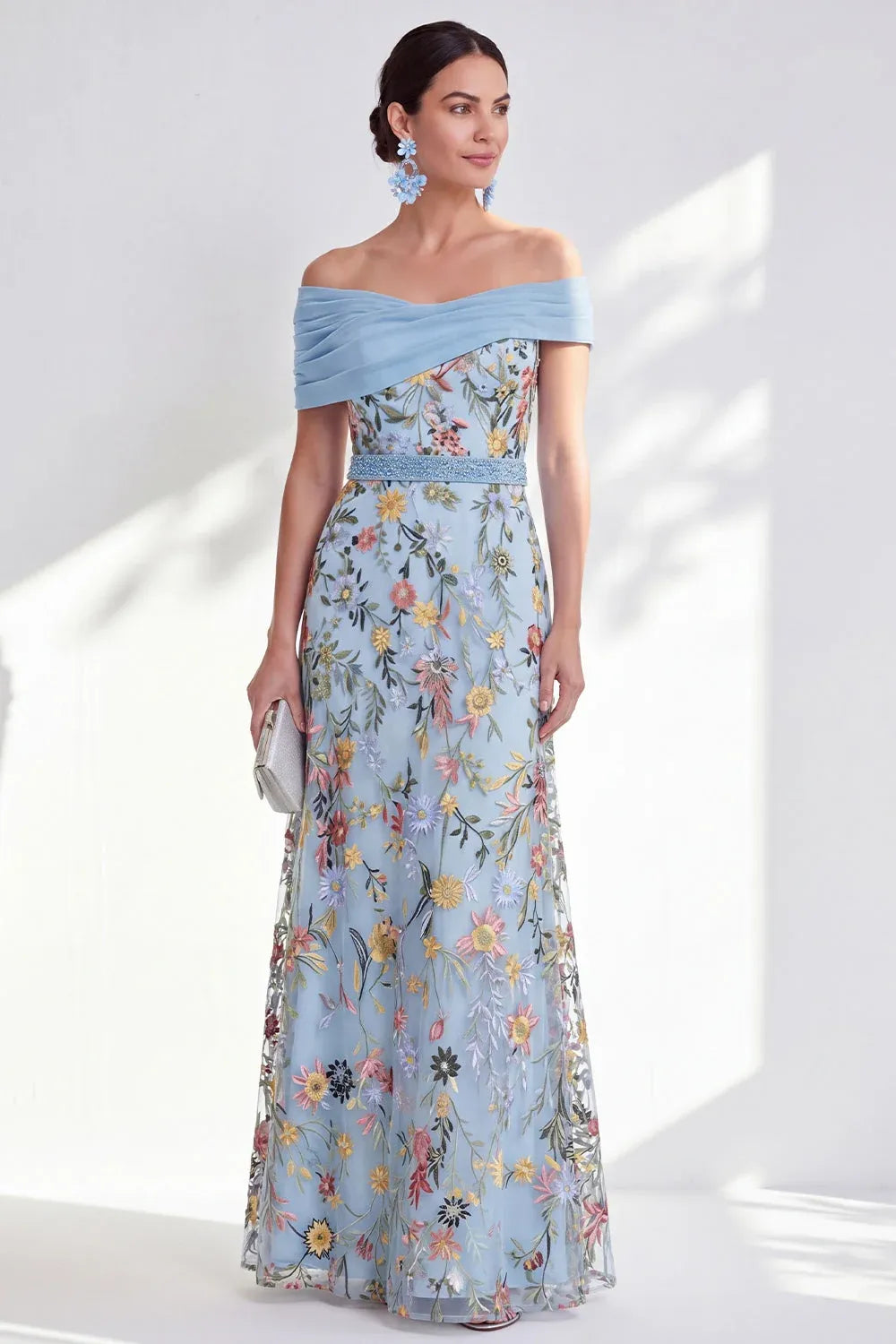 Romantic Tulle A-Line Off-Shoulder Short-Sleeve Zipper-Back Floor-Length Mother of the Bride Dress