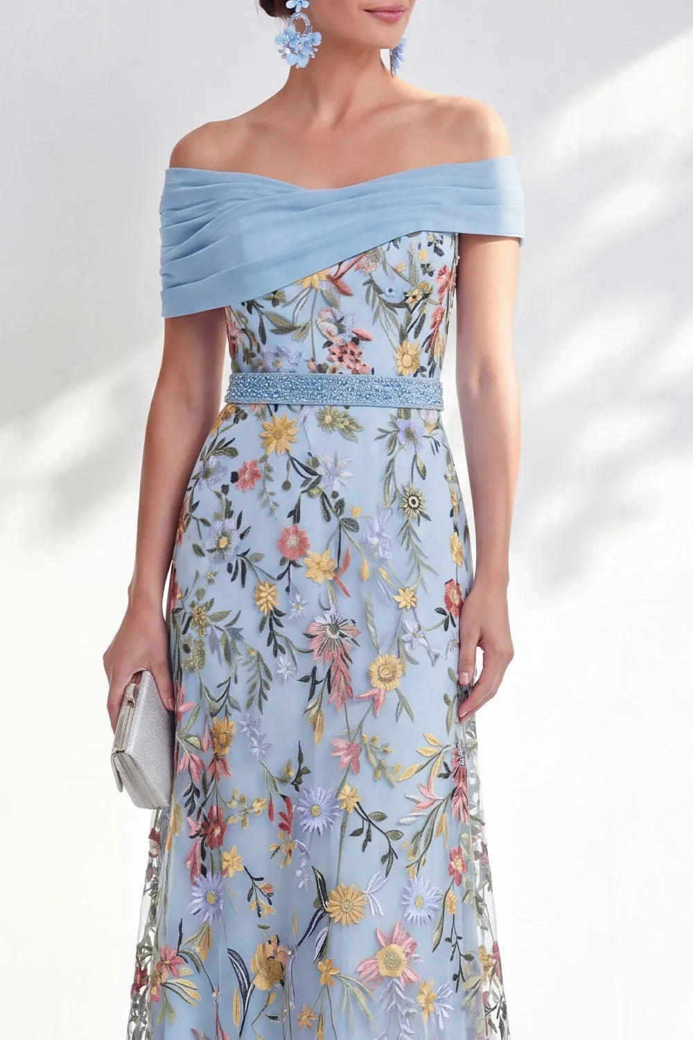 Romantic Tulle A-Line Off-Shoulder Short-Sleeve Zipper-Back Floor-Length Mother of the Bride Dress