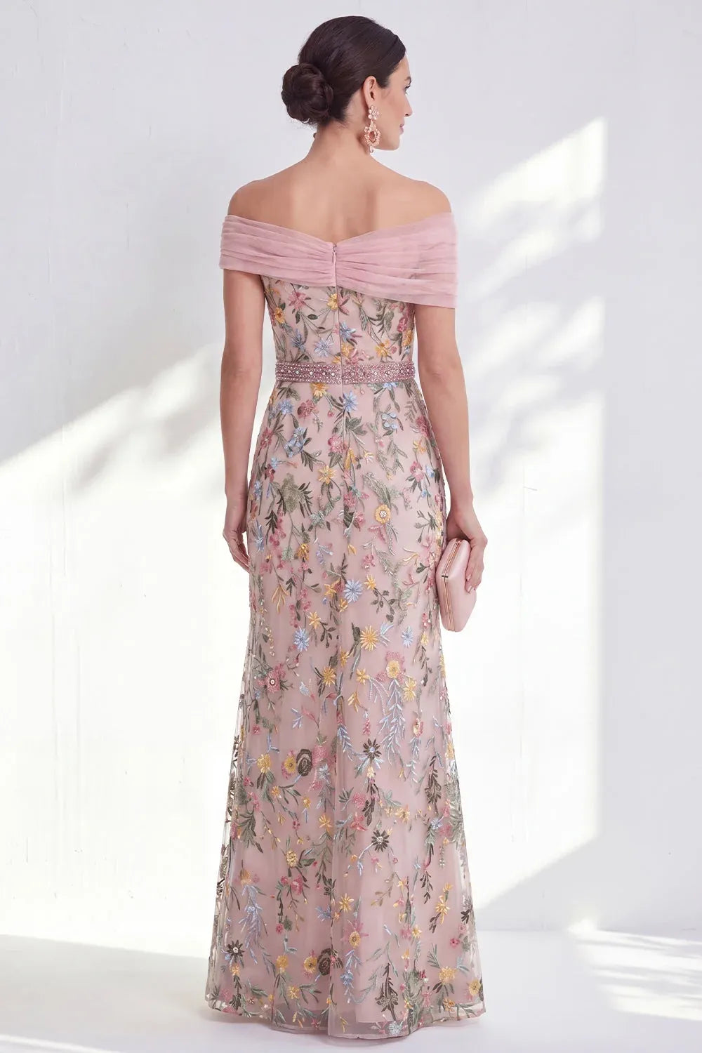 Romantic Tulle A-Line Off-Shoulder Short-Sleeve Zipper-Back Floor-Length Mother of the Bride Dress