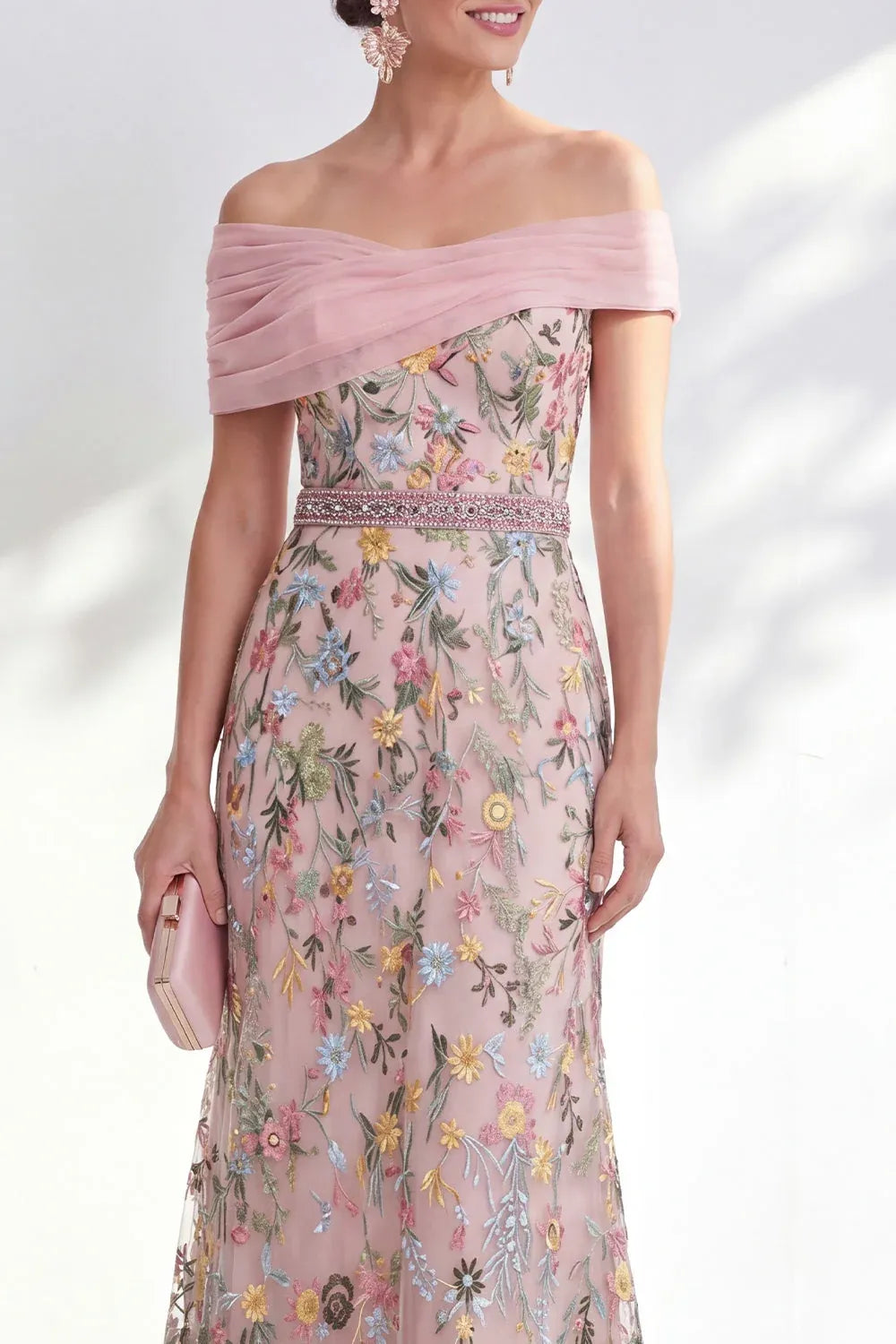 Romantic Tulle A-Line Off-Shoulder Short-Sleeve Zipper-Back Floor-Length Mother of the Bride Dress