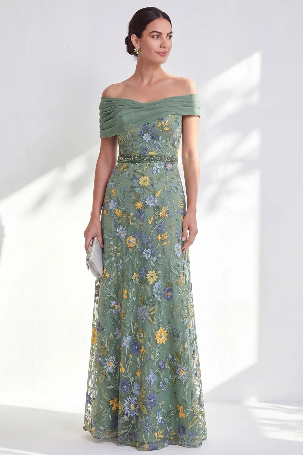 Romantic Tulle A-Line Off-Shoulder Short-Sleeve Zipper-Back Floor-Length Mother of the Bride Dress