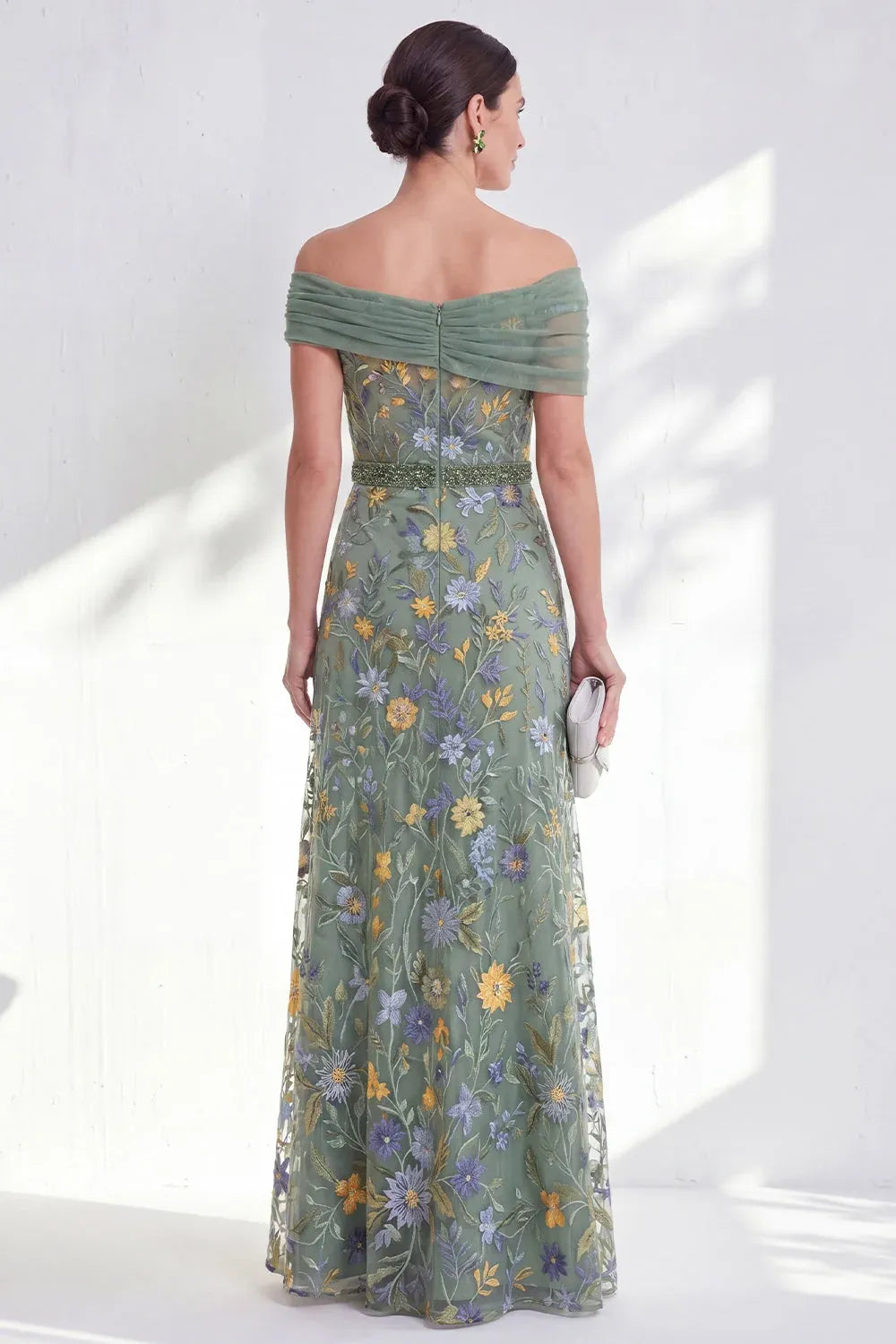 Romantic Tulle A-Line Off-Shoulder Short-Sleeve Zipper-Back Floor-Length Mother of the Bride Dress