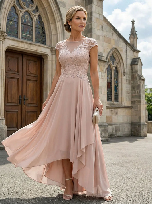 Loverlm blush lace chiffon Mother of the Bride dress with illusion neckline cap sleeves and high-low skirt