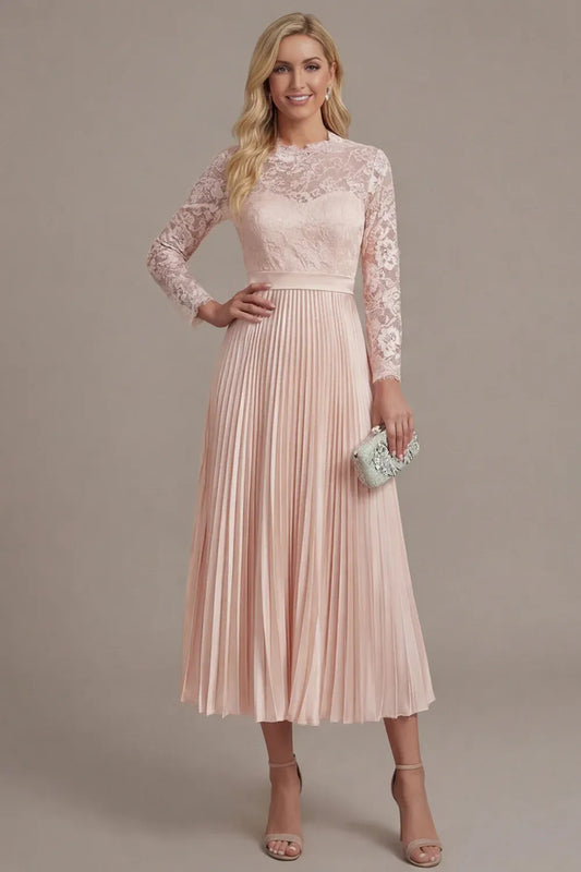 Loverlm blush pink wedding guest dress with a floral lace bodice, sheer long sleeves, defined waist and pleated tea-length A-line skirt.
