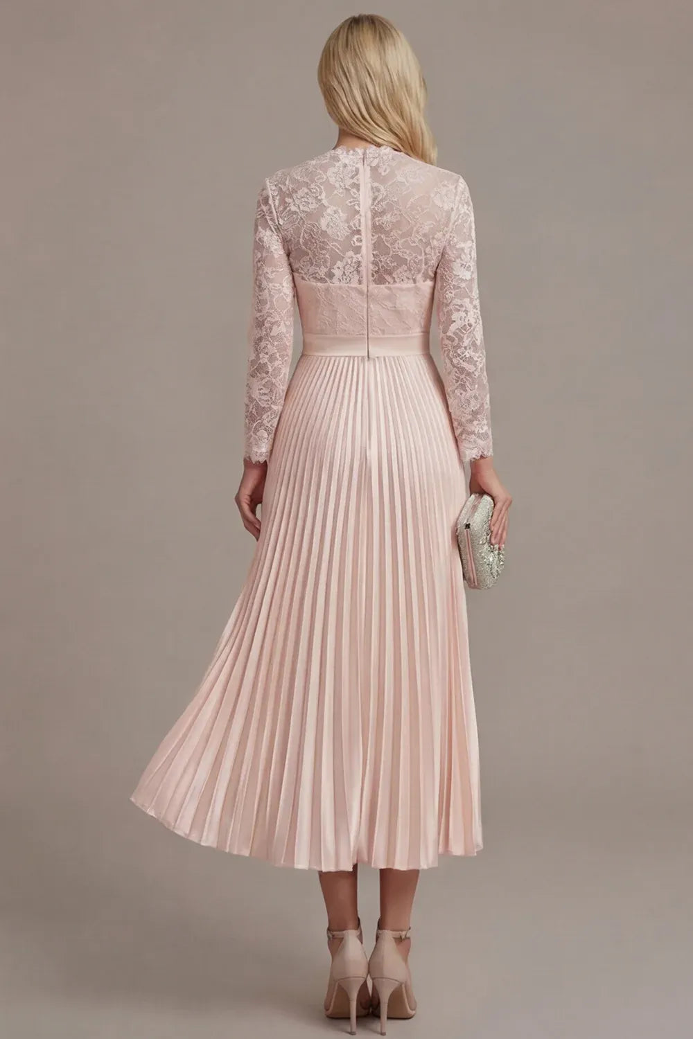 Romantic Lace A-Line Jewel-Neck Long-Sleeve Illusion-Back Pleated Tea-Length Wedding Guest Dress