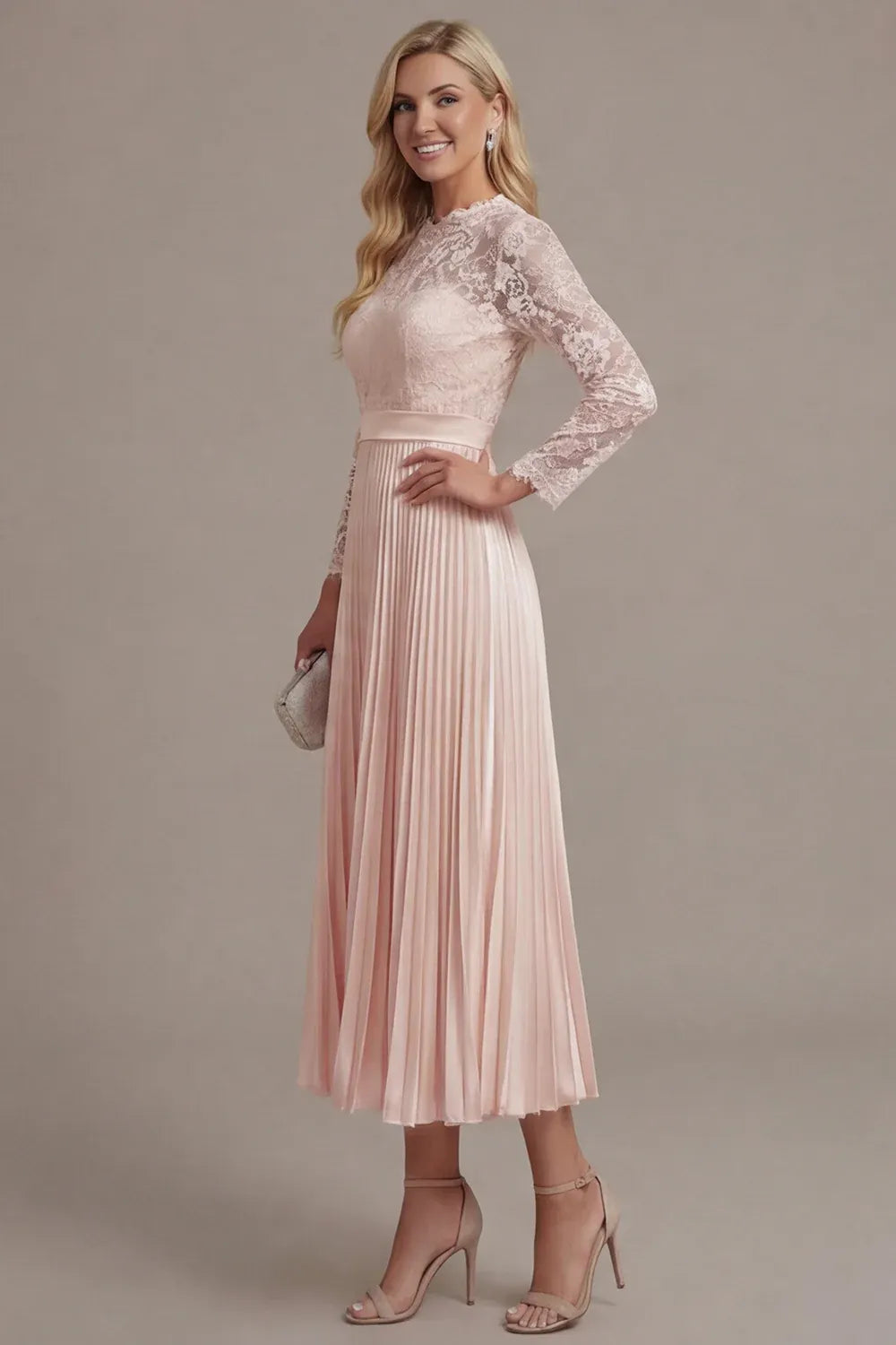 Romantic Lace A-Line Jewel-Neck Long-Sleeve Illusion-Back Pleated Tea-Length Wedding Guest Dress