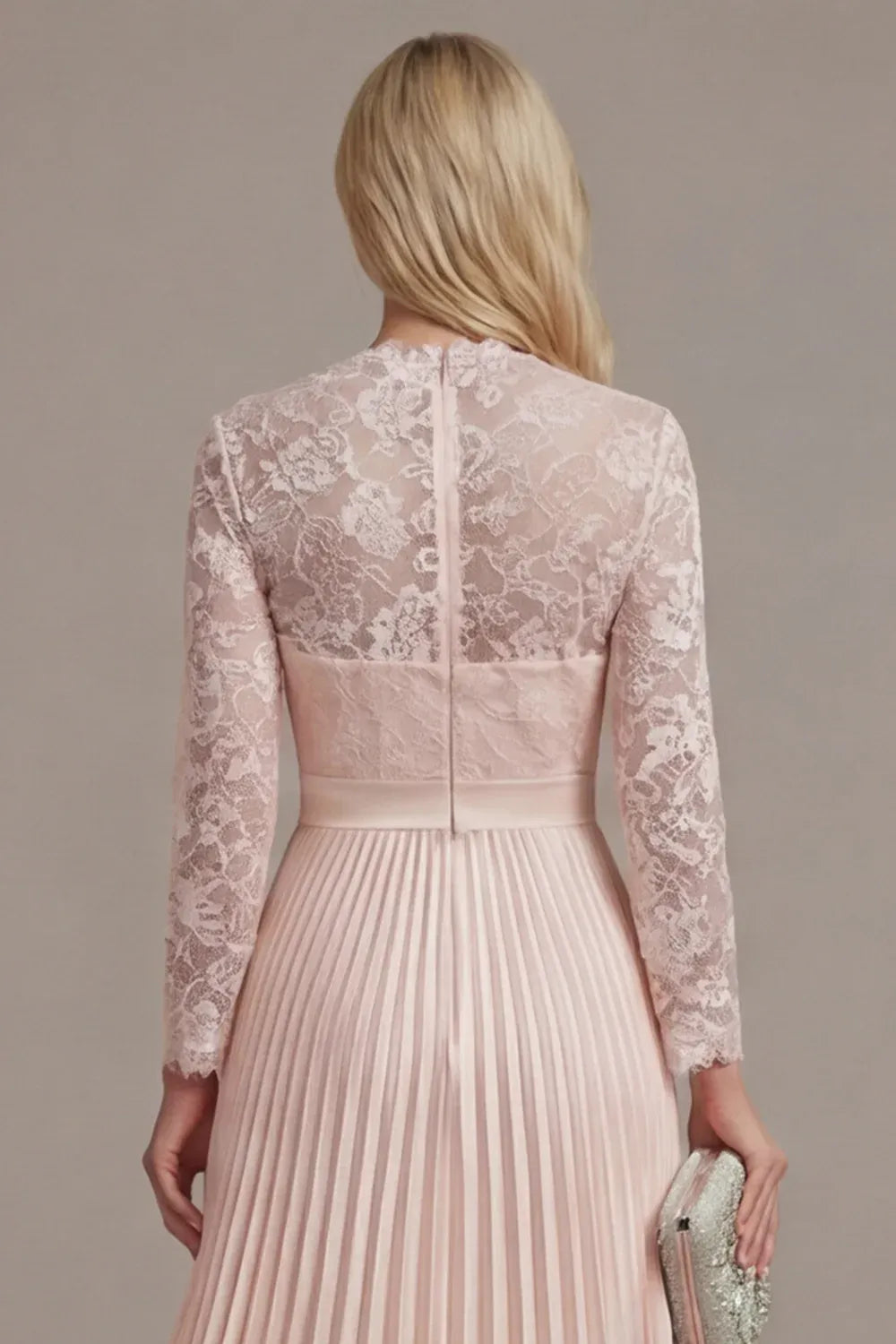 Romantic Lace A-Line Jewel-Neck Long-Sleeve Illusion-Back Pleated Tea-Length Wedding Guest Dress