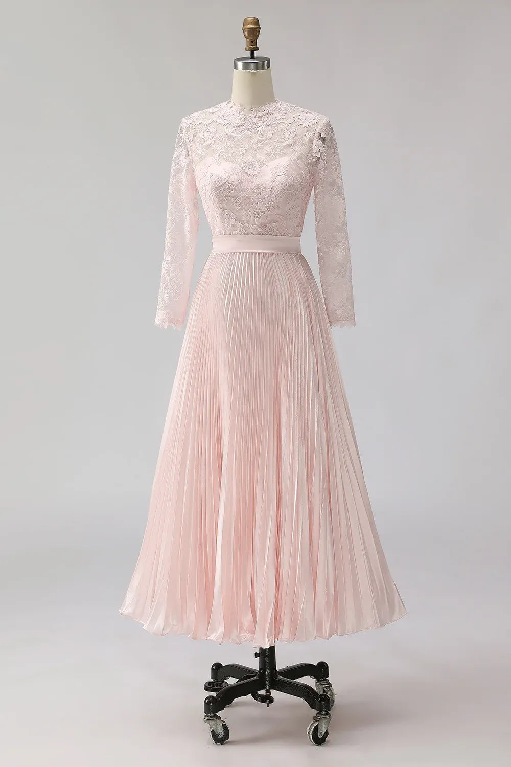 Romantic Lace A-Line Jewel-Neck Long-Sleeve Illusion-Back Pleated Tea-Length Wedding Guest Dress