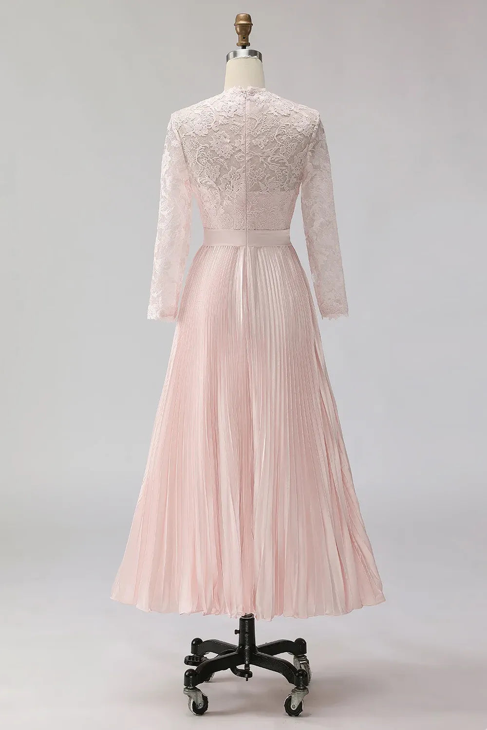 Romantic Lace A-Line Jewel-Neck Long-Sleeve Illusion-Back Pleated Tea-Length Wedding Guest Dress