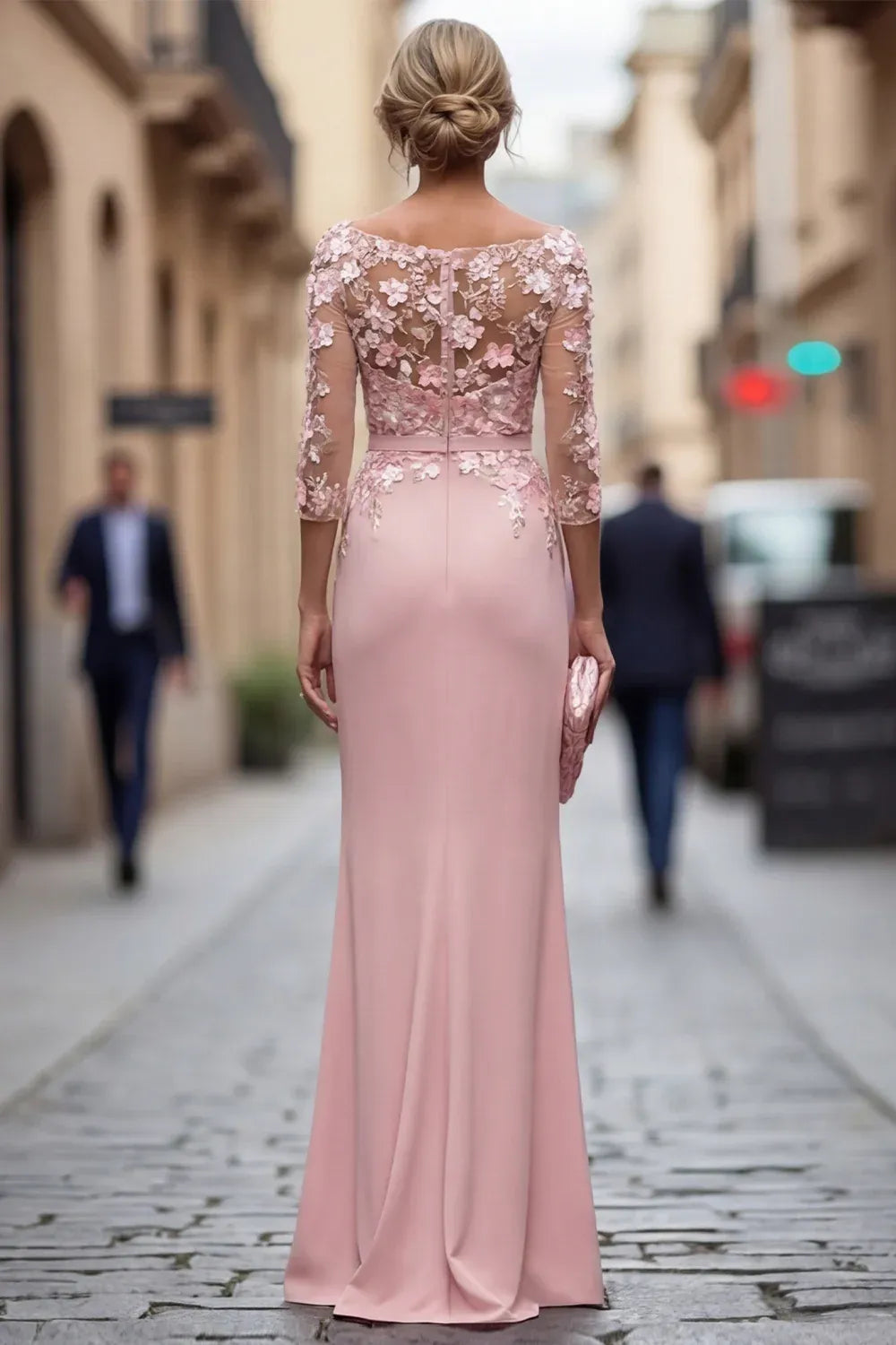 Graceful Lace Sheath Bateau Three-Quarter-Sleeve Illusion-Back Floor-Length Mother of the Bride Dress