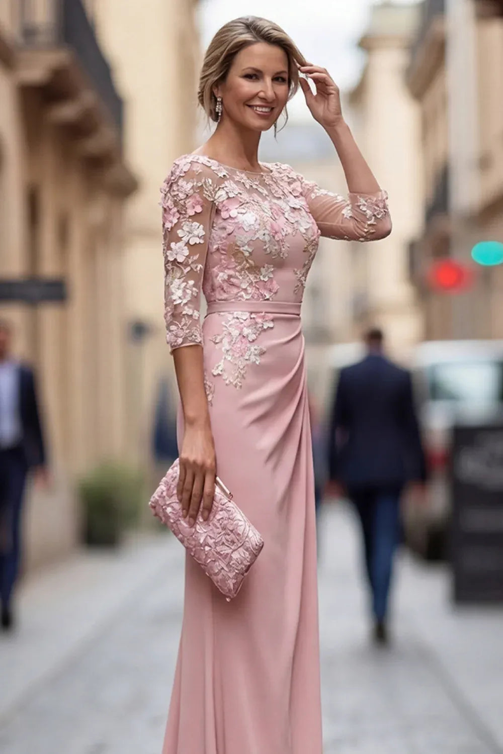 Graceful Lace Sheath Bateau Three-Quarter-Sleeve Illusion-Back Floor-Length Mother of the Bride Dress